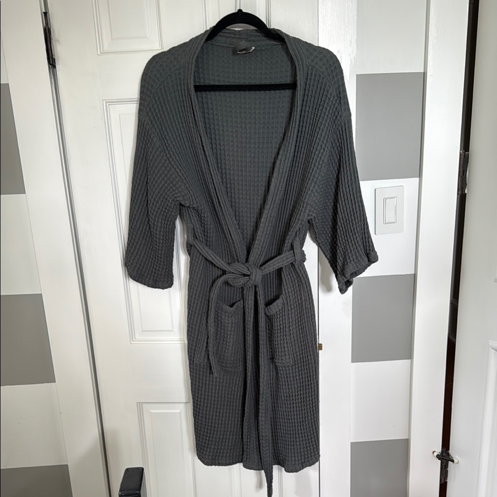 Gray Waffle Cotton Knit Robe in charcoal gray. Size S/M.